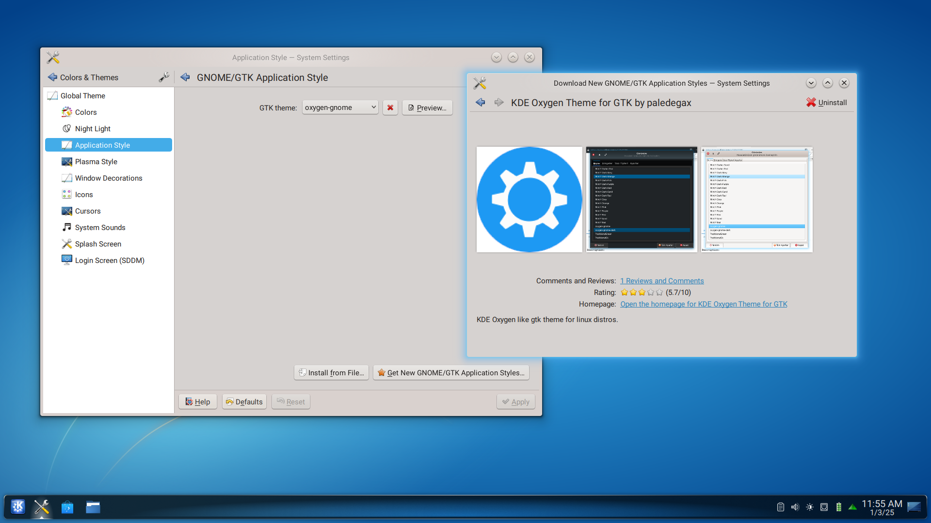 GNOME/GTK Applications Style settings and KDE Oxygen Theme for GTK windows open